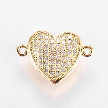 Brass Micro Pave Cubic Zirconia Links, Clear, Real 18K Gold Plated, Heart, 12x17.5x5.5mm, Hole: 1mm