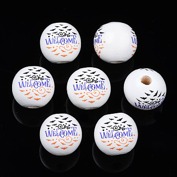 Halloween Printed Natural Wood Beads, Round with Bat & Word Welcome, Slate Blue, 15.5x14.5mm, Hole: 4mm
