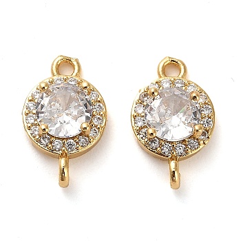 Brass Pave Cubic Zirconia Connector Charms, Flat Round Links, Real 18K Gold Plated, Clear, 14.5x9x5mm, Hole: 1.5mm