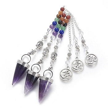 Chakra Jewelry Natural Amethyst Cone Dowsing Pendulums, with Brass Finding and Alloy Chain, Antique Silver, 235~245x2.5mm