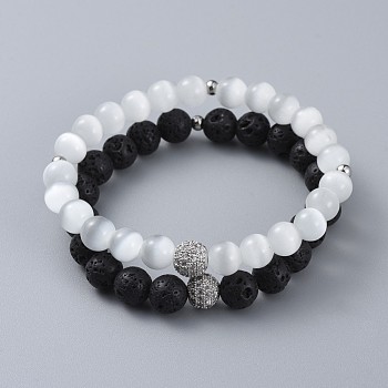 Stretch Bracelet Sets, with Cat Eye Round Beads, Natural Lava Rock Round Beads, Brass Cubic Zirconia Round Beads and 304 Stainless Steel Spacer Beads, with Burlap Paking Pouches, White & Black, 1-7/8 inch~2-1/4 inch(4.9~5.6cm), 2pcs/set