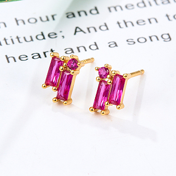 Cubic Zirconia Rectangle Stud Earrings, Golden 925 Sterling Silver Post Earrings, with 925 Stamp, Fuchsia, 8.5x5.8mm