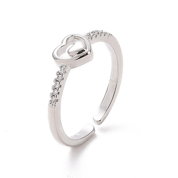 Clear Cubic Zirconia Double Heart Open Cuff Ring, Brass Jewelry for Women, Platinum, Inner Diameter: 17.2mm