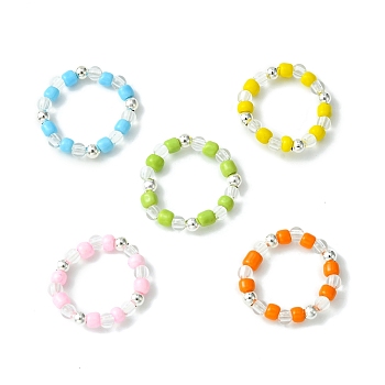 Acrylic & Glass Seed Beaded Stretch Rings for Women, Mixed Color, US Size 12 1/4(21.5mm)