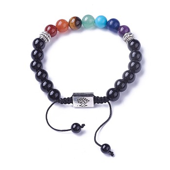Chakra Jewelry, Natural & Synthetic Mixed Stone Braided Bead Bracelets, with Natural Obsidian, Alloy Findings and Nylon Cord, Rectangle with Tree, 52~76mm