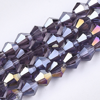 Electroplate Glass Beads Strands, AB Color Plated, Faceted, Bicone, Indigo, 6x5.5~6mm, Hole: 1mm, about 47~48pcs/strand, 10.83 inch(27.5cm)