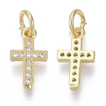 Brass Micro Pave Cubic Zirconia Tiny Cross Charms, with Jump Ring, Nickel Free, Clear, Real 18K Gold Plated, 12x7x1.5mm, Hole: 3mm