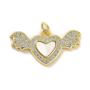 Brass Micro Pave Clear Cubic Zirconia Pendants, with Shell, Real 18K Gold Plated, Heart, 13x24.5x3mm, Hole: 3.5mm