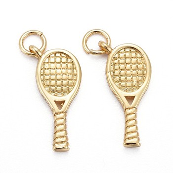 Brass Pendants, Sports Charms, Long-Lasting Plated, with Jump Rings, Tennis Racket, Real 18k Gold Plated, 17x8x2mm, Jump Ring: 5x0.7mm, Inner Diameter: 3.5mm