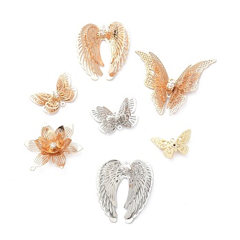 Brass Pendants & Link Connectors, with Rhinestone, Wing & Butterfly & Flower, Mixed Color, 13~36x20~41x4~8mm, Hole: 0.9~1.5mm