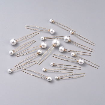 Wedding Bridal Hair Forks Sets, with U Shape Iron Barrette and ABS Imitation Pearl, Golden, 71~84mm, Pin: 1mm, 18pcs/set