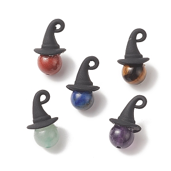 Halloween Theme Natural Mixed Stone Round Pendants, Witch Charms, with Black Alloy Hat, Mixed Color, 19.5x11x11mm, Hole: 1.5mm