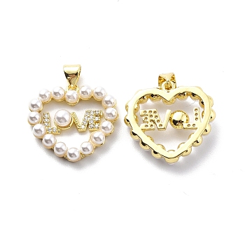 Brass Clear Cubic Zirconia Pendants, with ABS Plastic Imitation Pearl, Heart with Word Love Charm, for Valentine's Day, Real 18K Gold Plated, 19.5x21x5mm, Hole: 3.5x4.5mm