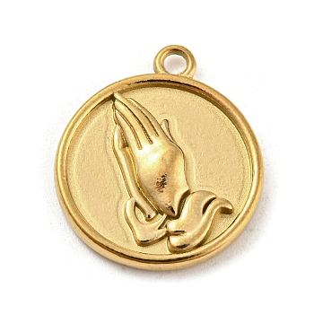 304 Stainless Steel Pendants, Flat Round with Praying Hands Charm, Golden, 18.5x16x2mm, Hole: 1.6mm