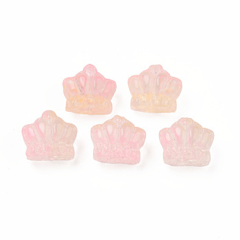 Two Tone Transparent Spray Painted Glass Beads, Crown, Pearl Pink, 12x14x8.5mm, Hole: 1mm