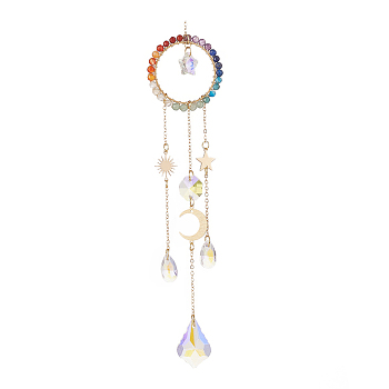 Glass Teardrop & Star Window Hanging Suncatchers, Ring Natural Gemstone & Brass Sun & Moon & Star Pendants Decorations Ornaments, 235mm