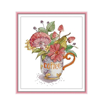 Teacup with Flower Pattern DIY Cross Stitch Beginner Kits, Stamped Cross Stitch Kit, Including 11CT Printed Cotton Fabric, Embroidery Thread & Needles, Instructions, Colorful, Fabric: 410x362x1mm