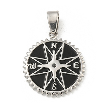 304 Stainless Steel Enamel Pendants, Flat Round with Compass Charm, Stainless Steel Color, 28x25x3mm, Hole: 3.5x7mm