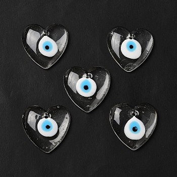 Handmade Evil Eye Lampwork Pendants, Heart Charm, Clear, 35x35x8mm, Hole: 3mm