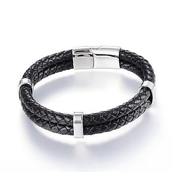 Braided Leather Cord Mkulti-strand Bracelets, with 304 Stainless Steel Magnetic Clasp, Black, 8-5/8 inch(220mm)x12~15x6~9mm