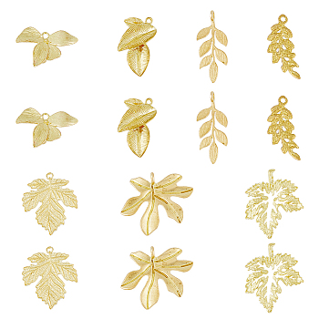 DIY Jewelry Making Finding Kit, Including Brass Pendants and Link Connectors, Maple & Grape Leaf, Raw(Unplated), 14~26x9~25x1~3mm, Hole: 1~2.5mm, 14Pcs/box