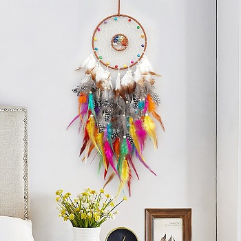 Natural Mixed Stone Chips & Woven Net/Web with Feather Hanging Ornaments, with Wood Beads, Boho Wall Hanging Decor for Home Bedroo, Colorful, 770mm