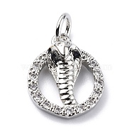 Brass Micro Pave Cubic Zirconia Charms, with Jump Rings, Round Ring & Cobra Snake Charms, Platinum, 13.5x11x4mm, Hole: 3.2mm(ZIRC-F131-12P)