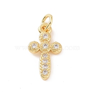 Brass Micro Pave Cubic Zirconia Charms, with Jump Ring, Religion Cross Charm, Golden, 15x8x1.5mm, Hole: 2.8mm(KK-C012-41G)