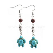 Synthetic Turquoise Dangle Earrings, with Natural Sandalwood and Alloy Beads, 304 Stainless Steel Earring Hooks, Tortoise, 68mm, Pin: 0.7mm(EJEW-JE02976-03)