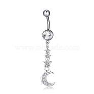 Piercing Jewelry, Brass Cubic Zirconia Navel Ring, Belly Rings, with 304 Stainless Steel Bar, Lead Free & Cadmium Free, Moon with Star, Clear, Platinum, 55x11mm, Bar Length: 3/8"(10mm), Bar: 14 Gauge(1.6mm)(AJEW-EE0002-02P)