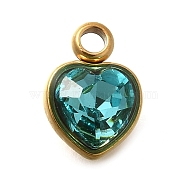 304 Stainless Steel with Rhinestone Pendants, Ion Plating(IP), Heart, Aquamarine, 9.5x6.5x4.5mm, Hole: 1.6mm(STAS-Q346-01G-03)