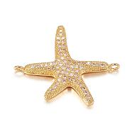 Brass Micro Pave Cubic Zirconia Links, Starfish/Sea Stars, Golden, 21x27x3mm, Hole: 1mm(ZIRC-P061-06G)