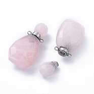 Faceted Natural Rose Quartz Openable Perfume Bottle Pendants, with Stainless Steel Color Tone 304 Stainless Steel Findings, 36.5~37x18~18.5x13.5mm, Hole: 1.8mm, Bottle Capacity: 1ml(0.034 fl. oz)(G-E564-10B-P)