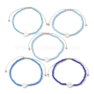 5Pcs 5 Colors Natural Shell Heart & Seed Braided Bead Bracelets Set, Adjustable Synthetic Hematite Stackable Bracelets, Blue, Inner Diameter: 2-1/4~3-3/8 inch(5.6~8.7cm), 1Pc/color(BJEW-JB10039-01)