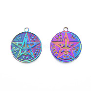Ion Plating(IP) 201 Stainless Steel Pendants, Flat Round with Star, Rainbow Color, 28.5x25x2mm, Hole: 2.5mm(STAS-N098-238M)