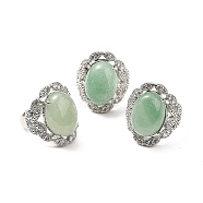 Natural Green Aventurine Adjustable Rings, Platinum Tone Oval Brass Rings for Women, Cadmium Free & Lead Free, US Size 7 3/4(17.9mm), 3.5~5mm(RJEW-P043-04P-20)