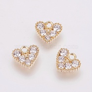 Brass Micro Pave Cubic Zirconia Charms, Long-Lasting Plated, Heart, Nickel Free, Real 18K Gold Plated, 7.3x6.3x1.8mm, Hole: 1mm(X-ZIRC-F081-12G)