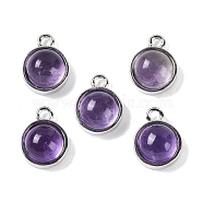 Natural Amethyst Pendants, with Platinum Tone Rack Plating Brass, Flat Round, 9.8x7.5x4.3mm, Hole: 1.2mm(G-K372-03P-02)