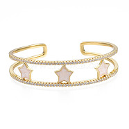 Enamel Star Open Cuff Bangle with Clear Cubic Zirconia, Real 18K Gold Plated Brass Jewelry for Women, Creamy White, Inner Diameter: 2-3/8 inch(5.9cm)(BJEW-N012-025)