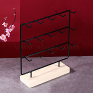 3-Tier 15-Hook Iron Jewelry Display Stands with Wooden Base, Jewelry Organizer Holder for Earring Display Cards, Hair Ties, Bracelets Storage, Rectangle, Black, 24x7x27cm(PAAG-PW0008-003B)