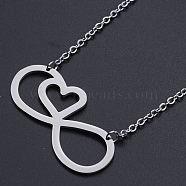 201 Stainless Steel Pendant Necklaces, with Cable Chains and Lobster Claw Clasps, Infinity with Heart, Stainless Steel Color, 17.32 inch(44cm), 2mm, Infinity: 17.5x40x1mm(NJEW-S105-JN517-1)