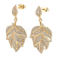 Clear Cubic Zirconia Maple Leaf Dangle Stud Earring, Brass Jewelry for Women, Real 18K Gold Plated, 39mm, Pin: 0.8mm(EJEW-C008-04G)