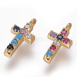 Brass Micro Pave Cubic Zirconia Charms, Cross, Golden, Colorful, 10x4.5x2mm, Hole: 1mm(X-ZIRC-L075-48G)