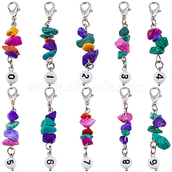 20Pcs Number 0~9 Synthetic Turquoise Chip & Acrylic Beaded Locking Stitch Markers, Zinc Alloy Crochet Lobster Clasp Charms, Colorful, 47~50mm(HJEW-SC0001-54)