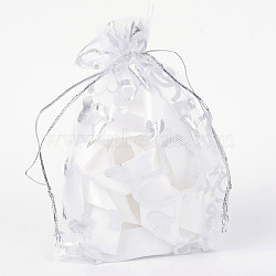 Heart Printed Organza Bags, Gift Bags, Rectangle, White, 14x10cm(OP-R022-10x15-03)