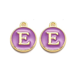 Golden Plated Alloy Enamel Charms, Enamelled Sequins, Flat Round with Alphabet, Letter.E, Purple, 14x12x2mm, Hole: 1.5mm(ENAM-Q437-12E)