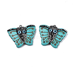 Synthetic Turquoise Pendants, with Polymer Clay Rhinestones, Evil Eye Resin and Iron Loop, Dyed, Butterfly, Gunmetal, Turquoise, PP12: (1.8~1.9)mm, 33x40~41x10.5mm, Hole: 2mm(TURQ-N213-02)