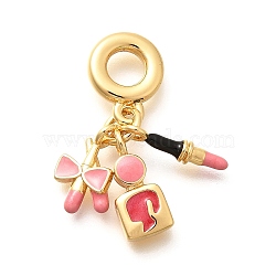 Brass Enamel Lipstick & Perfume European Dangle Charms, Large Hole Pendants, Real 18K Gold Plated, Pink, 28.5mm, Hole: 5mm(KK-U048-05G-02)