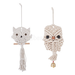 Crafans Owl Cotton Rope & Wood Beads Wind Chime Pendant, with Zinc Alloy Bell & Nail & Craft Eye & Wooden Stick, for Home Living Room Bedroom Decoration, White, 360x145x32mm, 1 set(HJEW-CF0001-05)
