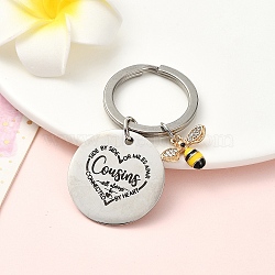 Alloy Rhinestone & 201 Stainless Steel Keychain, with Enamel and Alloy Rings, Bees, Platinum, 6.2cm(KEYC-YW00091-05)